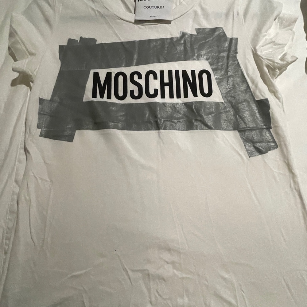 Moschino White Tee with Gray Tape Graphic
